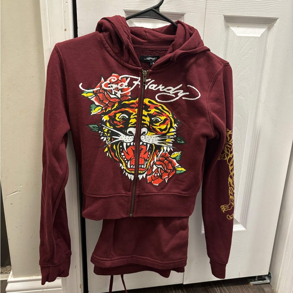 Ed Hardy Burgundy Hoodie with Tiger and Rose Graphic